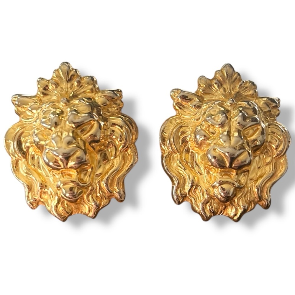 Gold Lion Head Clip-on Earrings 80s 90s Bling Statement